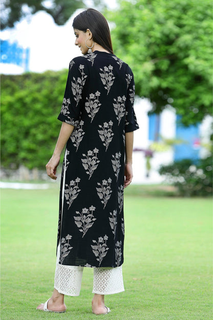 Black Rayon Slub Bandhani Straight Kurta