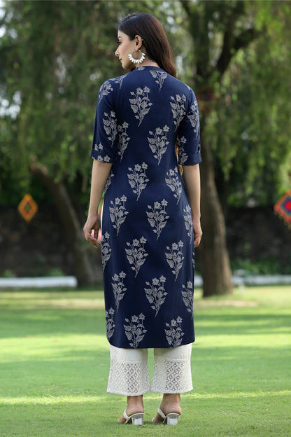 Indigo Rayon Slub Bandhani Straight Kurta