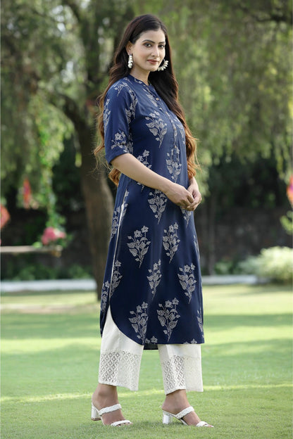 Indigo Rayon Slub Bandhani Straight Kurta