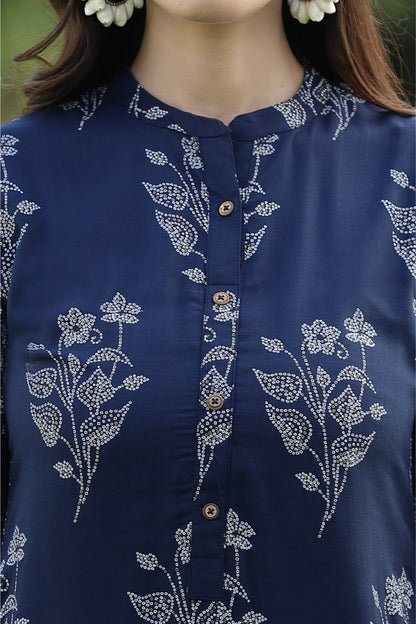 Indigo Rayon Slub Bandhani Straight Kurta