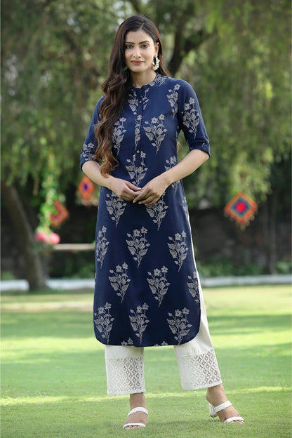 Indigo Rayon Slub Bandhani Straight Kurta