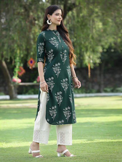 Jade green Rayon Slub Bandhani Straight Kurta