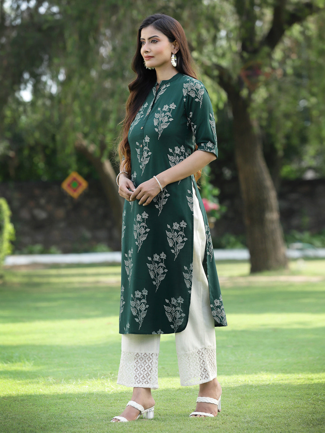 Jade green Rayon Slub Bandhani Straight Kurta