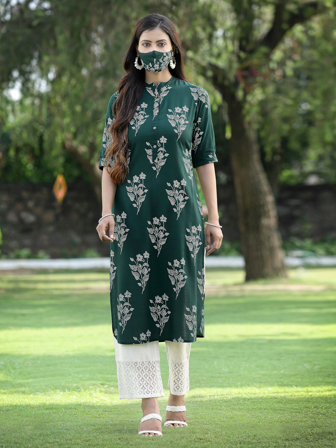 Jade green Rayon Slub Bandhani Straight Kurta
