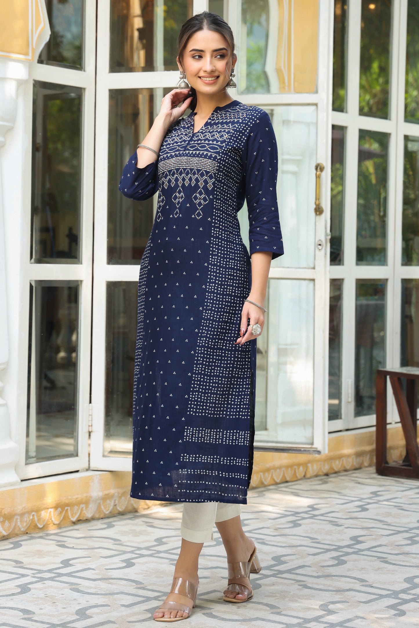 Indigo Rayon Slub Bandhani A-Line Kurta