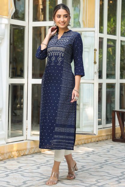 Indigo Rayon Slub Bandhani A-Line Kurta
