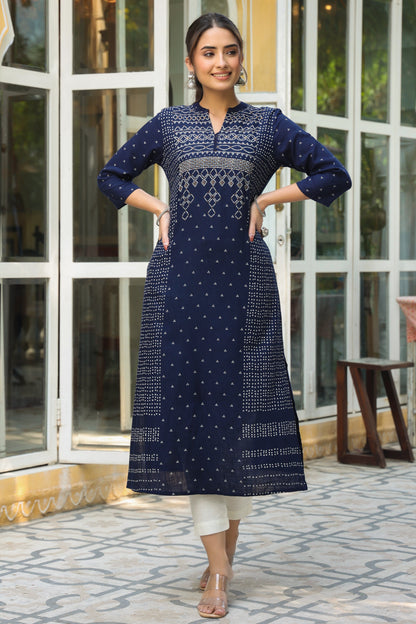 Indigo Rayon Slub Bandhani A-Line Kurta