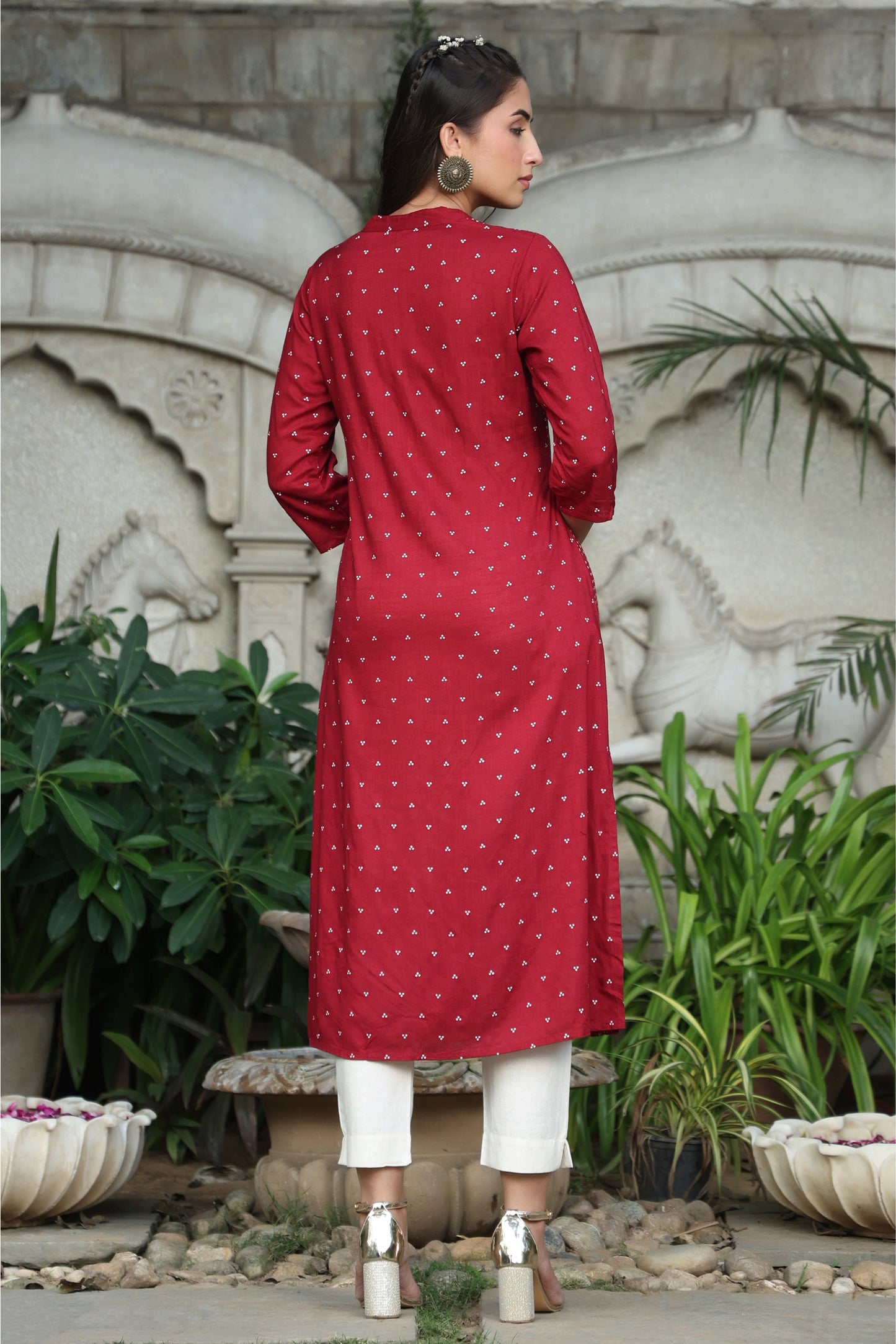 Maroon Rayon Slub Bandhani A-Line Kurta