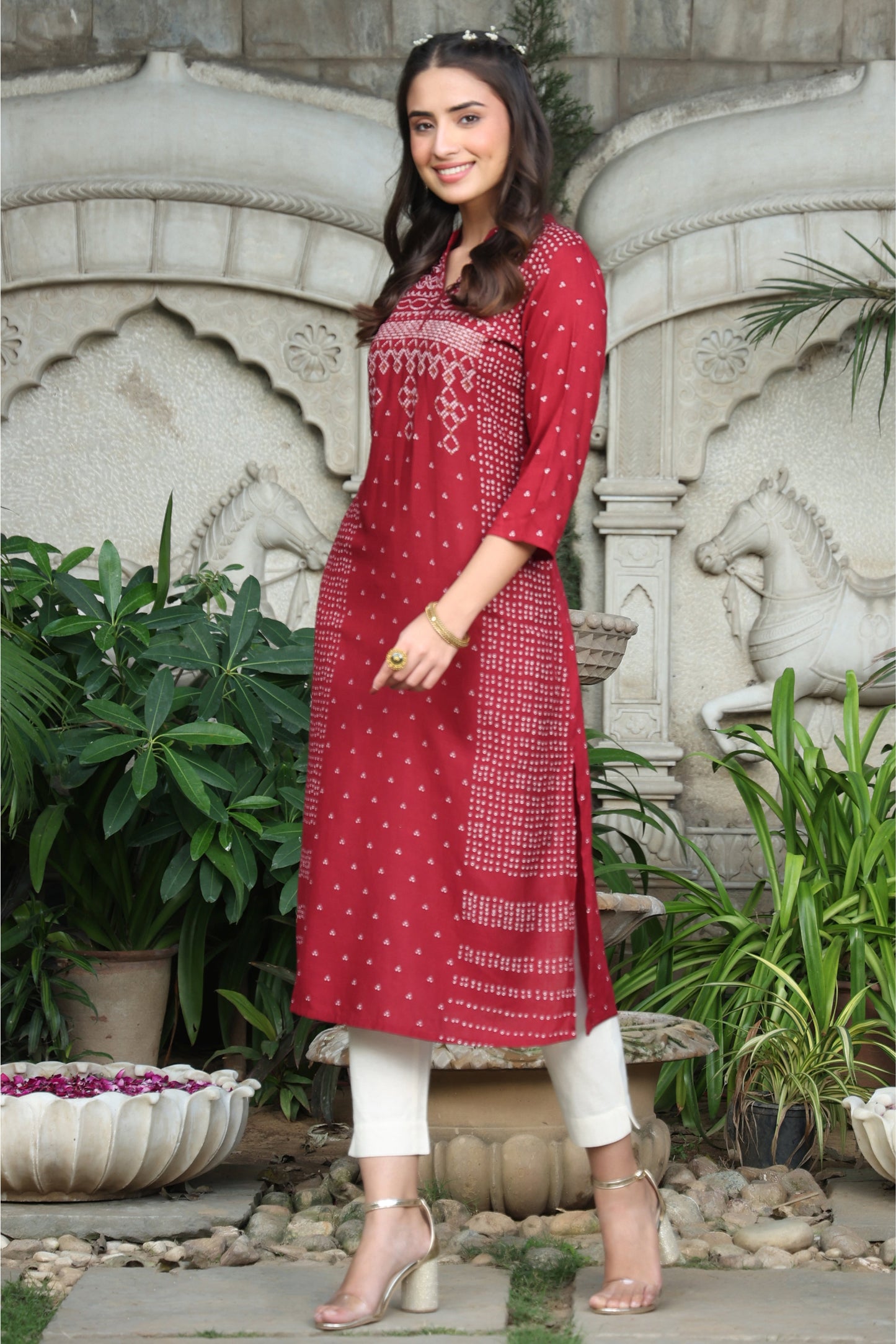 Maroon Rayon Slub Bandhani A-Line Kurta