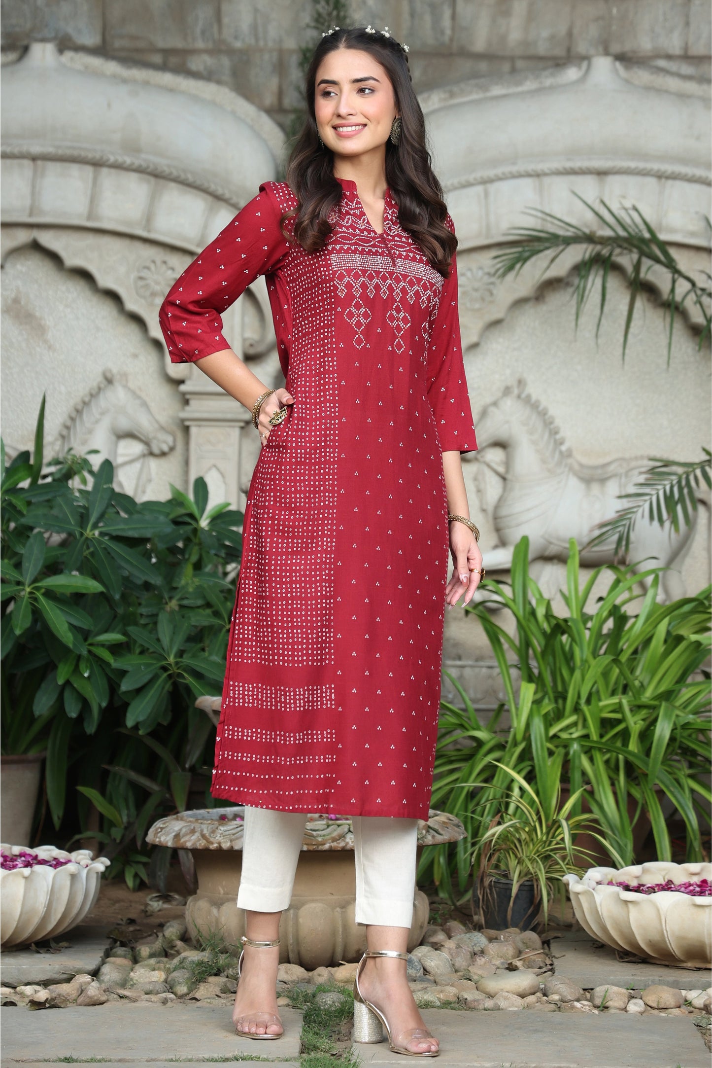 Maroon Rayon Slub Bandhani A-Line Kurta
