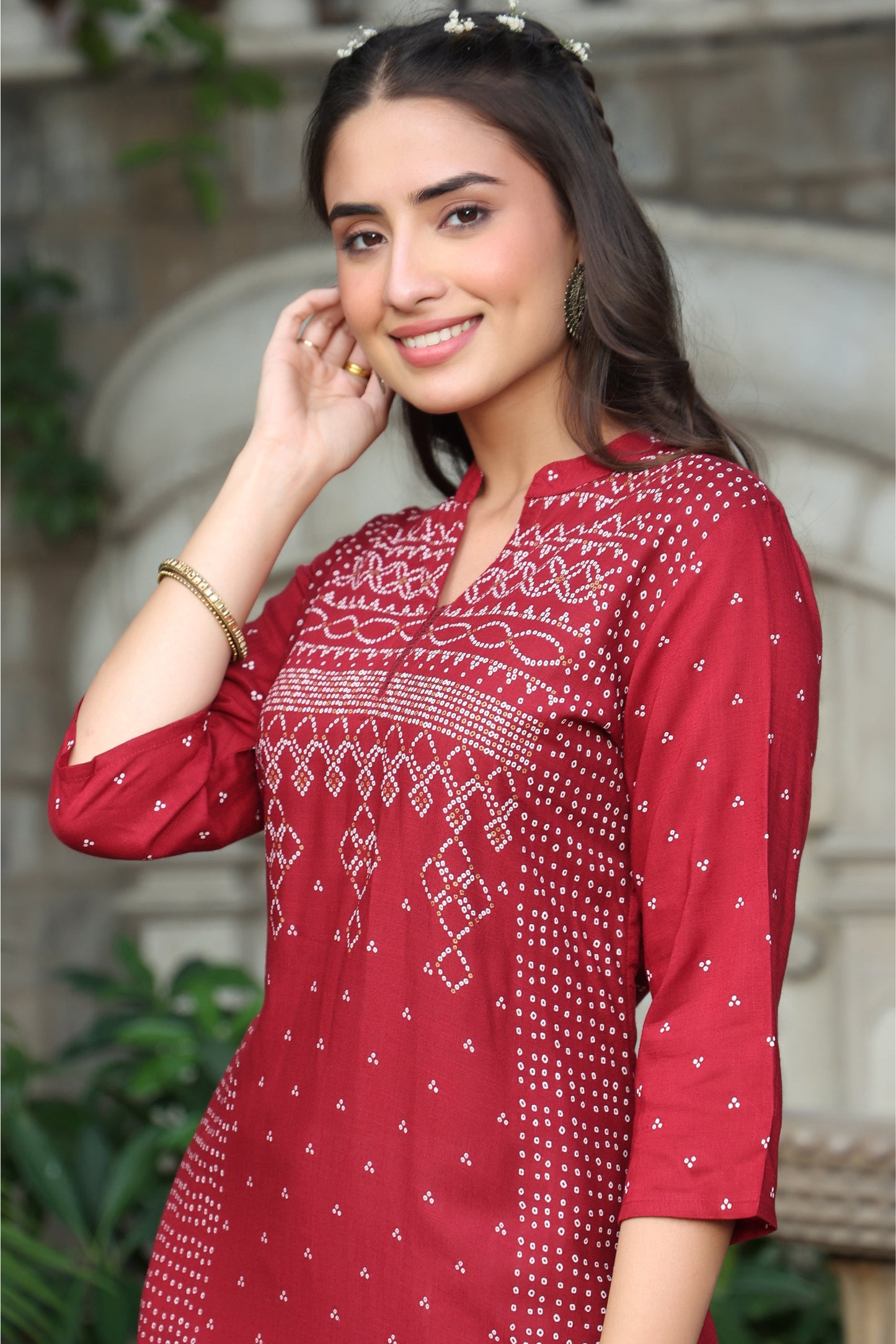 Maroon Rayon Slub Bandhani A-Line Kurta