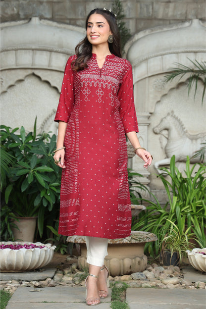 Maroon Rayon Slub Bandhani A-Line Kurta