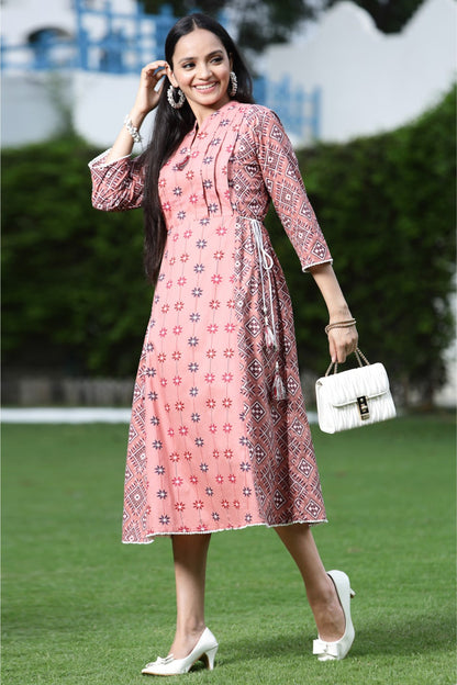 Peach Cambric Mexican Print Pleated Yoke Kurta Kurta With Mask