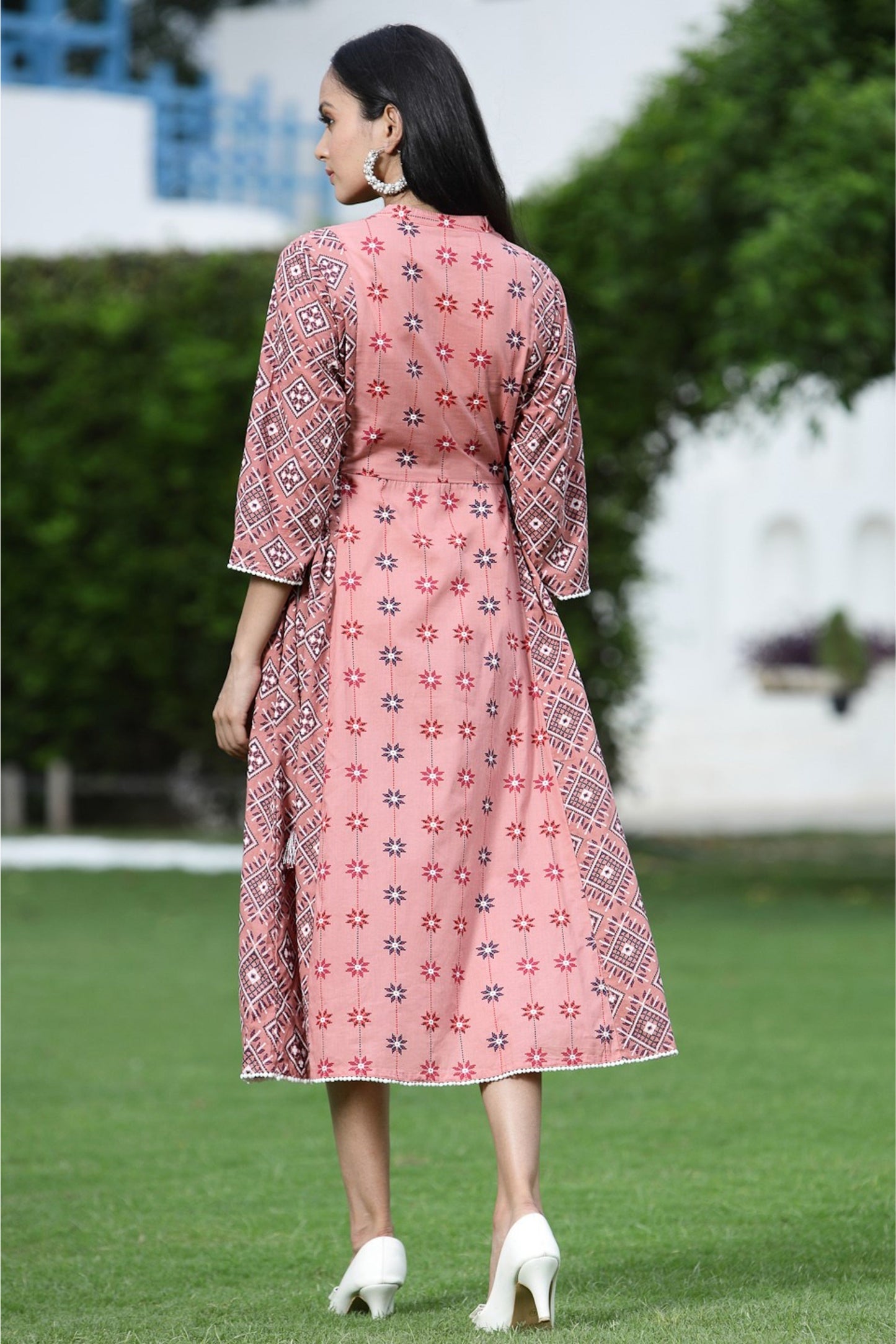 Peach Cambric Mexican Print Pleated Yoke Kurta Kurta With Mask