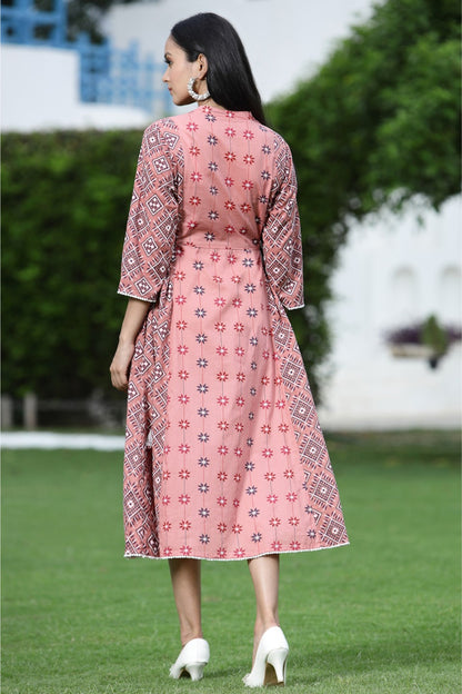 Peach Cambric Mexican Print Pleated Yoke Kurta Kurta With Mask