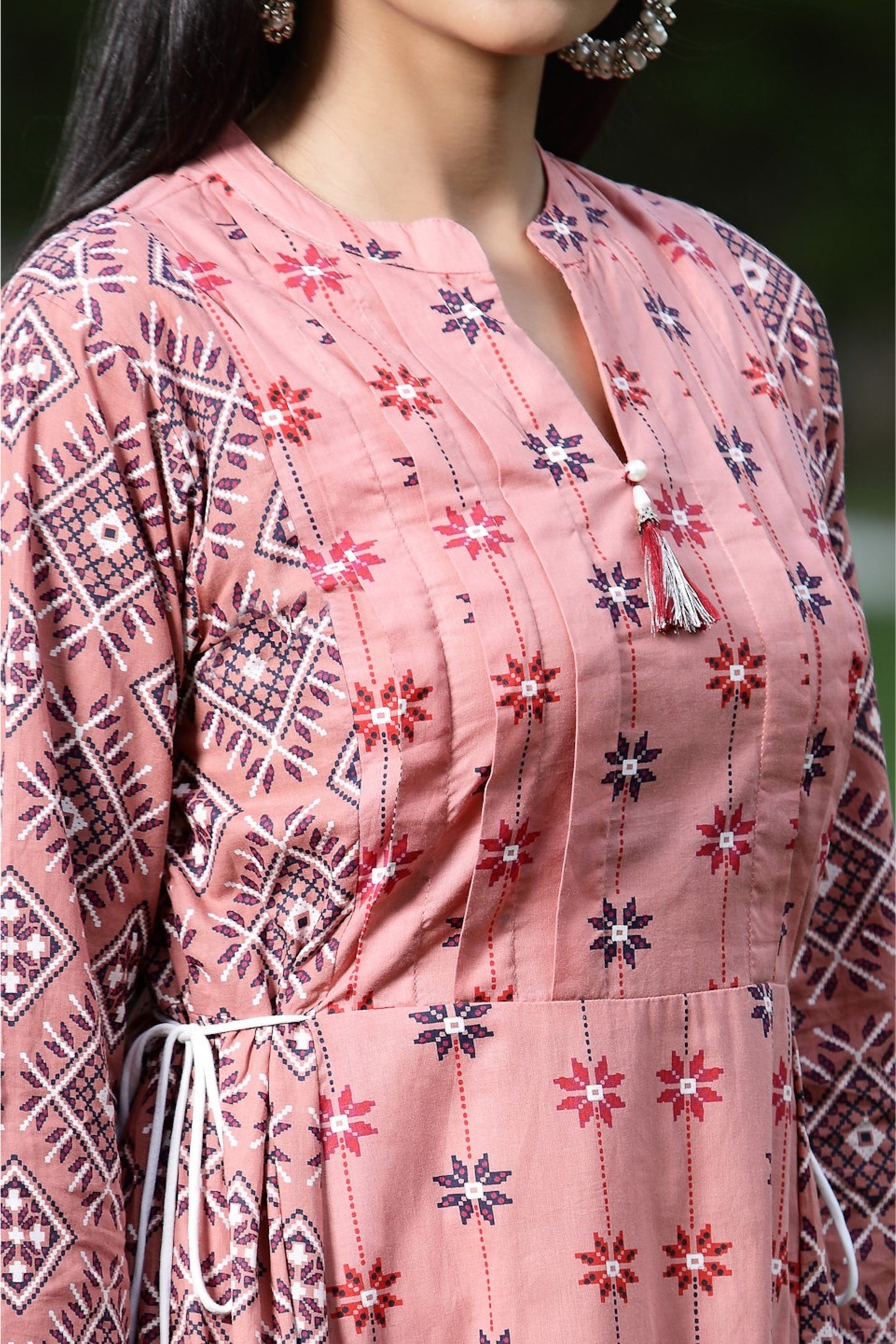 Peach Cambric Mexican Print Pleated Yoke Kurta Kurta With Mask