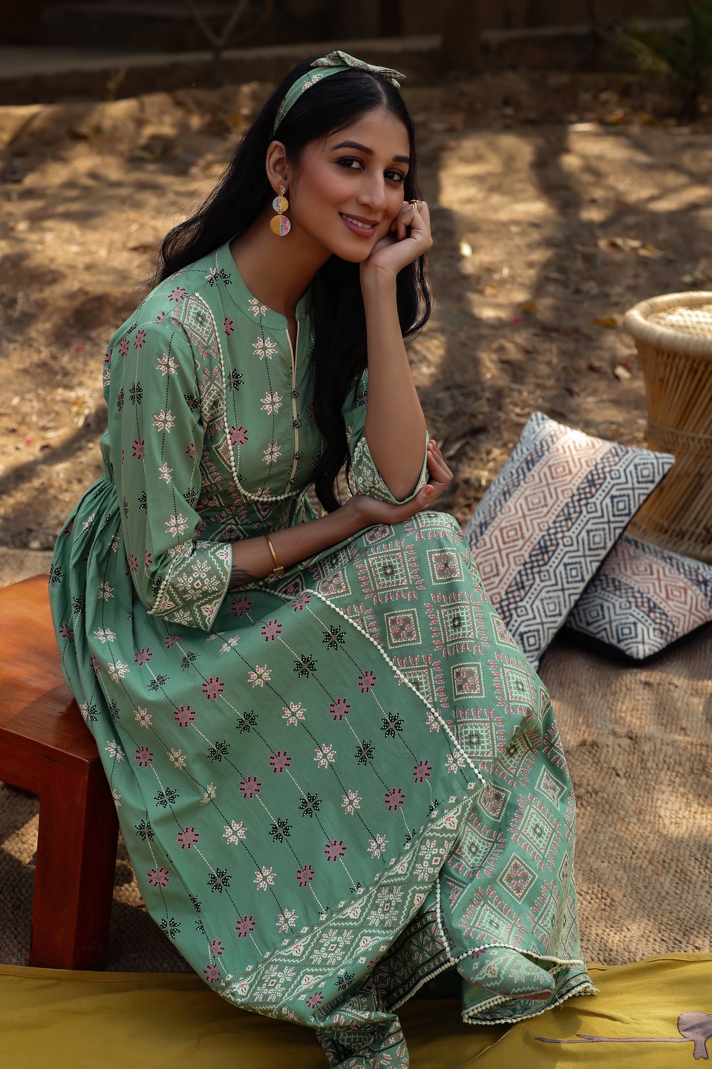 Pistagreen Cambric Printed Flared Dress