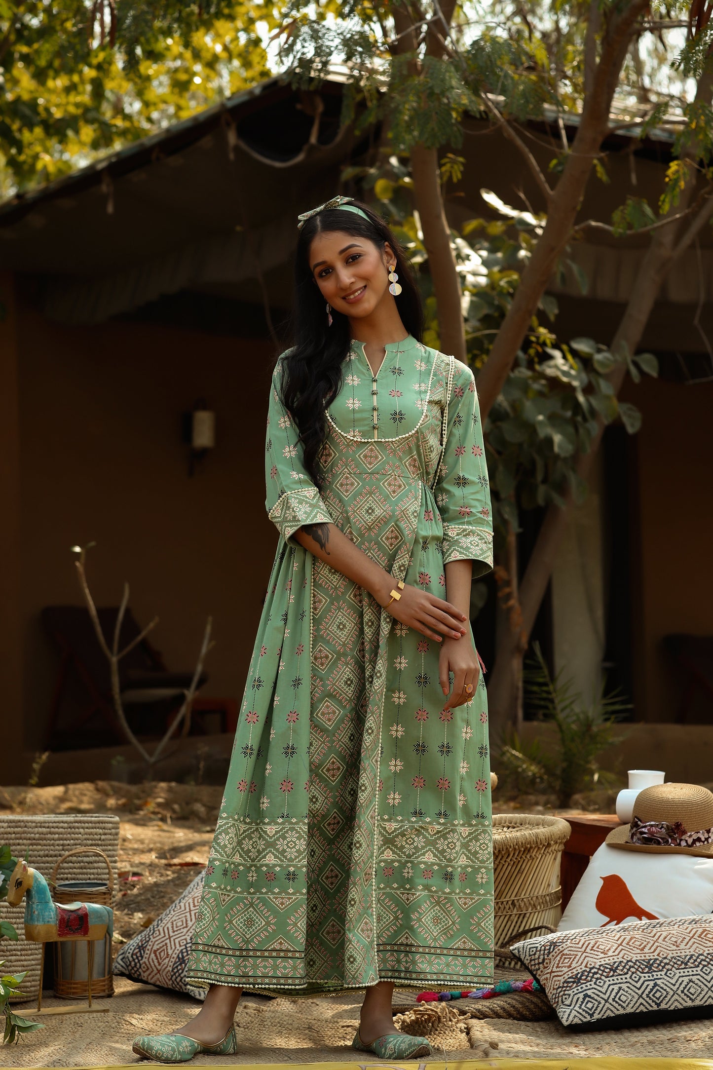 Pistagreen Cambric Printed Flared Dress