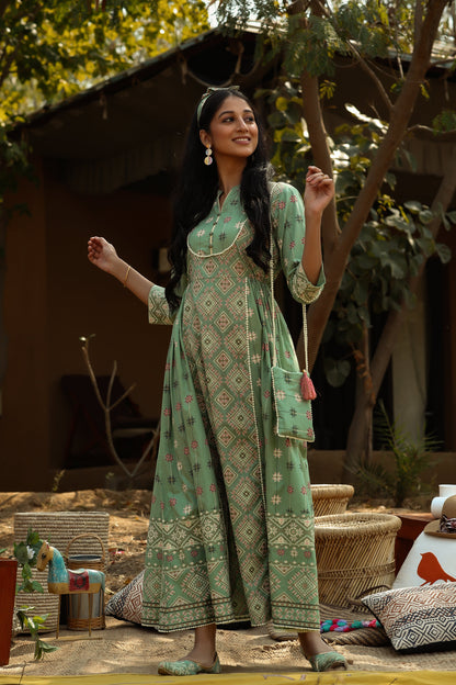 Pistagreen Cambric Printed Flared Dress