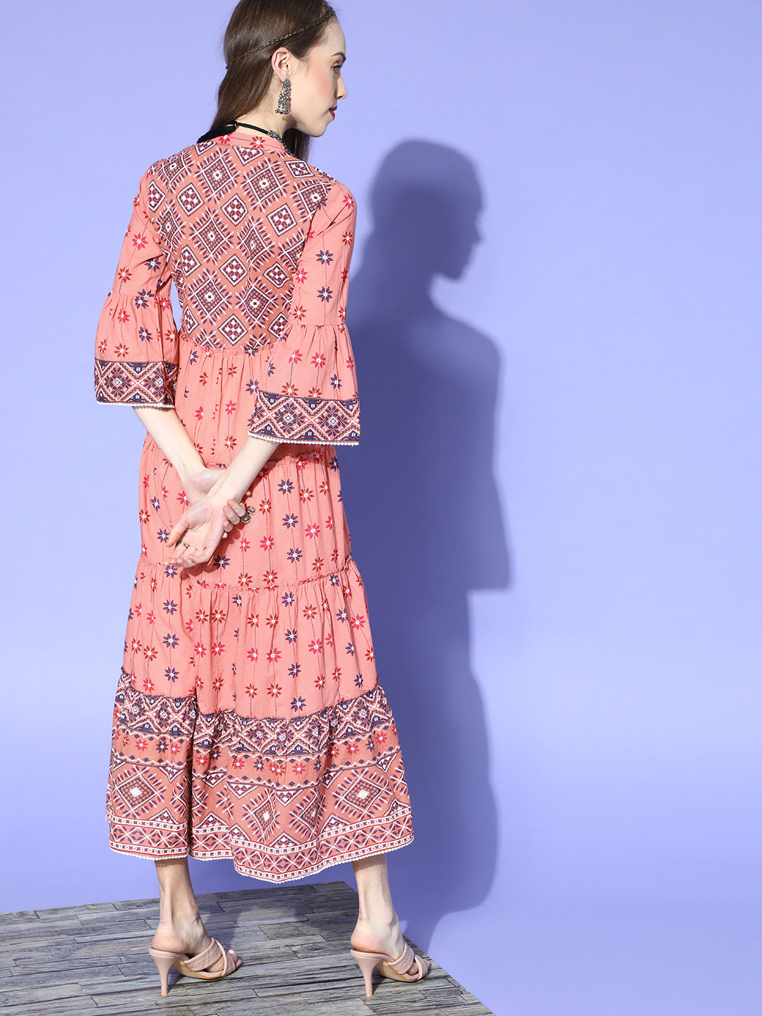 Peach Cambric Printed Tiered Dress