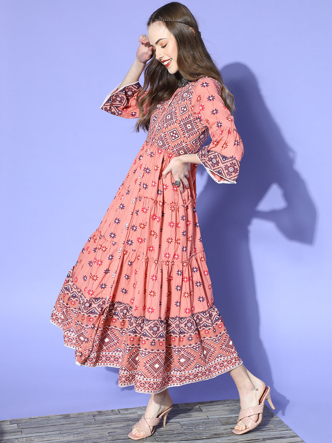 Peach Cambric Printed Tiered Dress