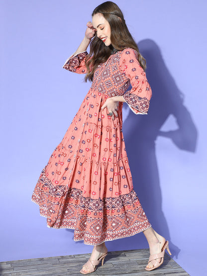 Peach Cambric Printed Tiered Dress