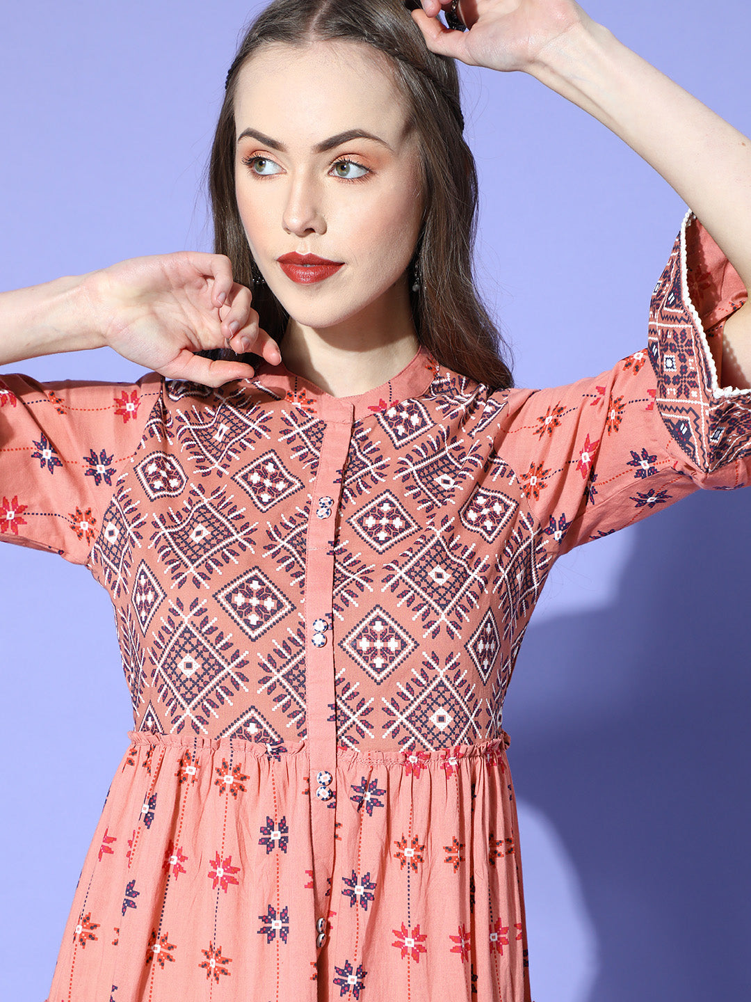 Peach Cambric Printed Tiered Dress