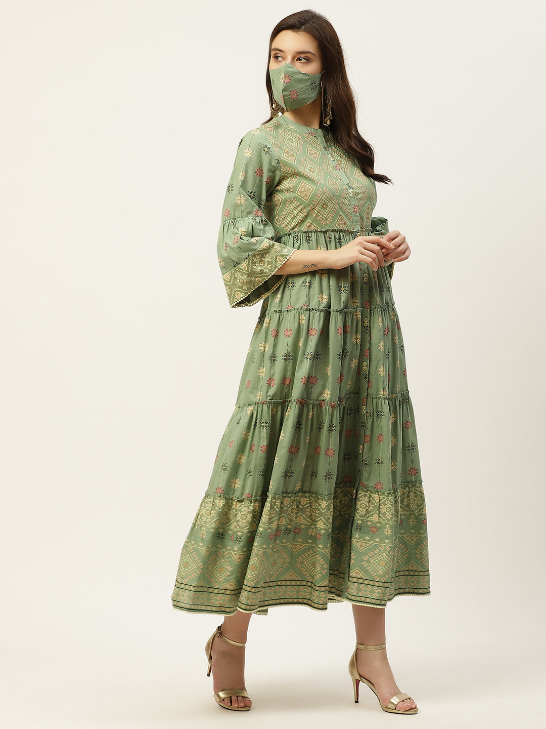 Pistagreen Cambric Printed Tiered Dress