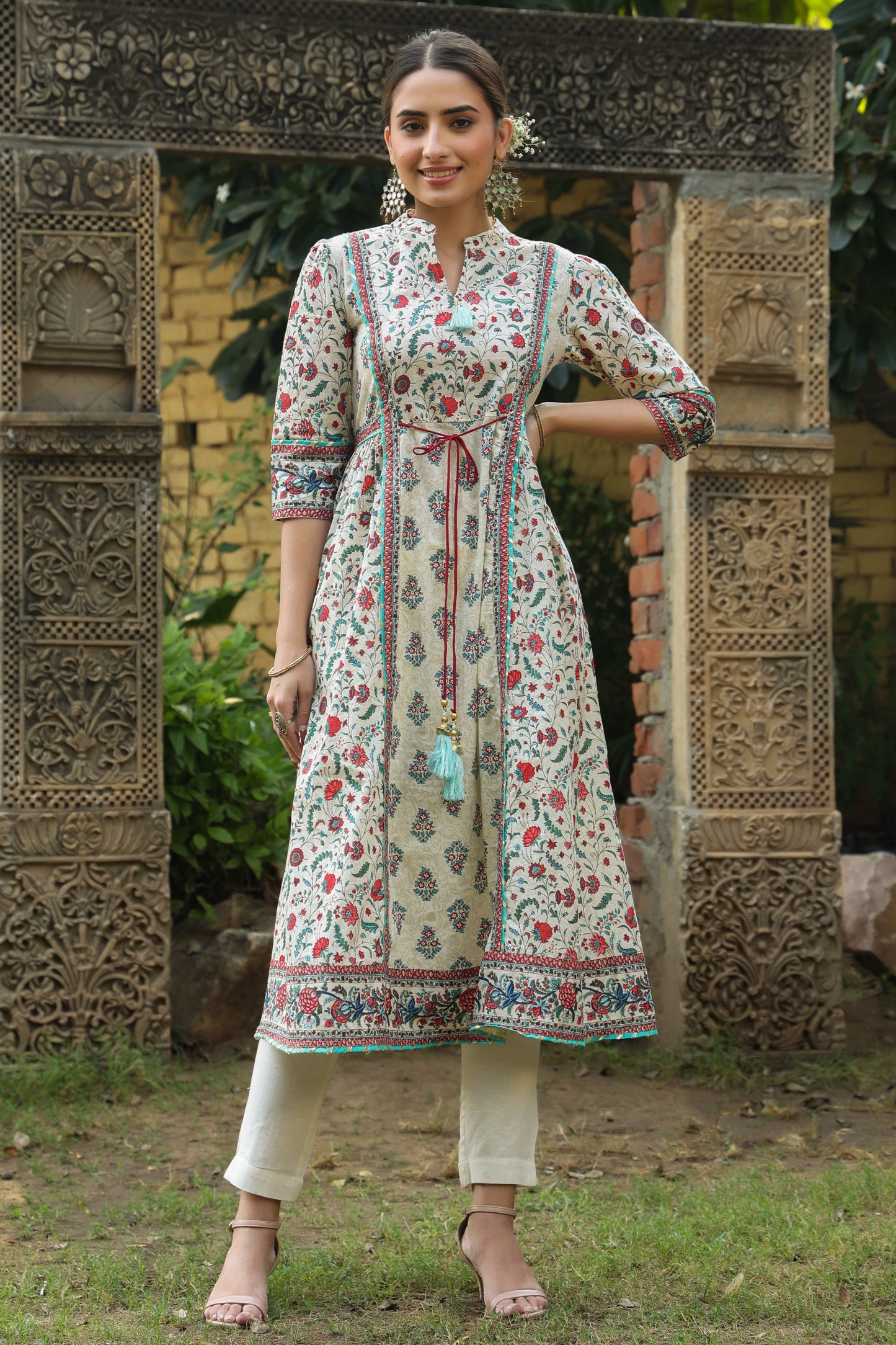 Beige Cambric Printed Flared Kurta