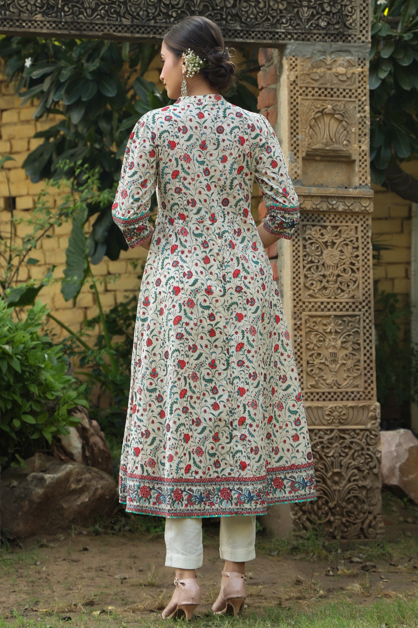 Beige Cambric Printed Flared Kurta