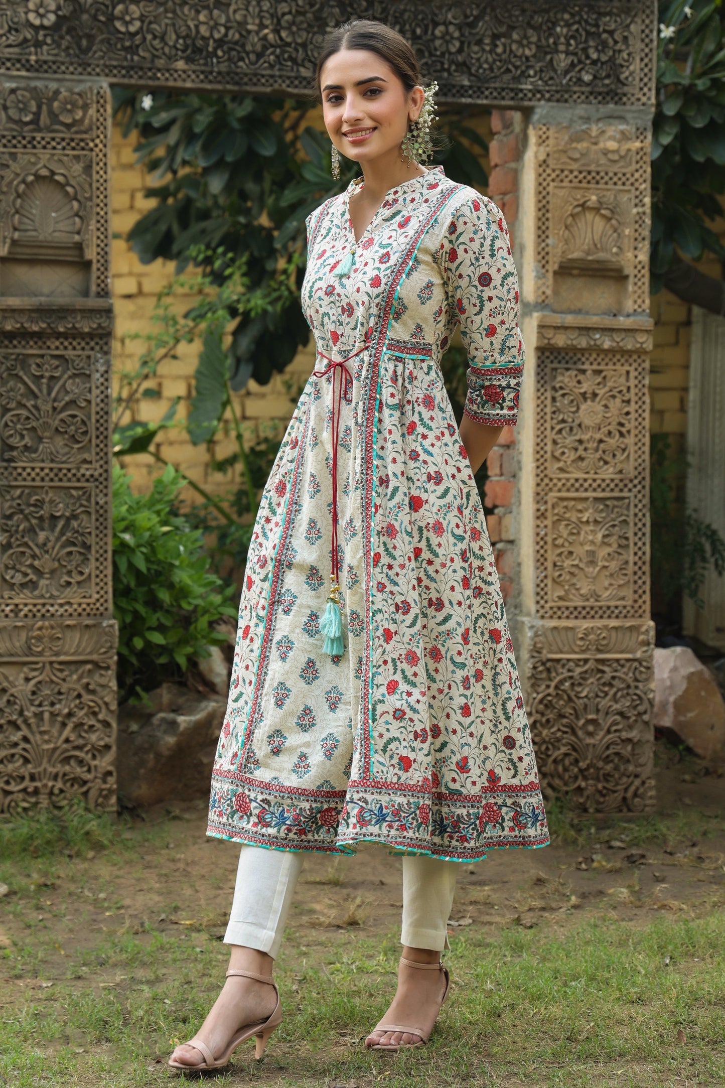Beige Cambric Printed Flared Kurta