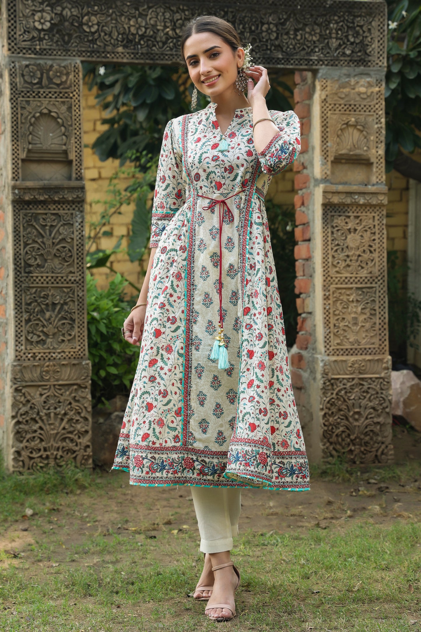 Beige Cambric Printed Flared Kurta