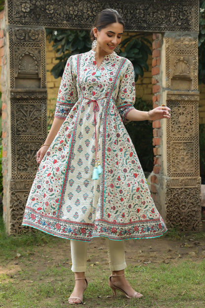 Beige Cambric Printed Flared Kurta