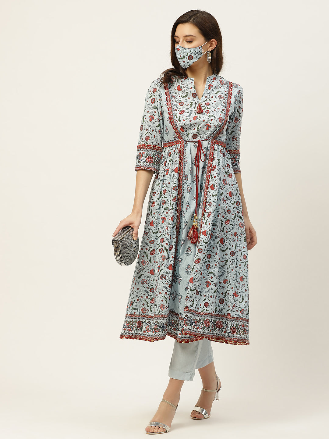 Blue Cambric Printed Flared Kurta