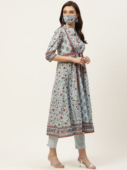 Blue Cambric Printed Flared Kurta