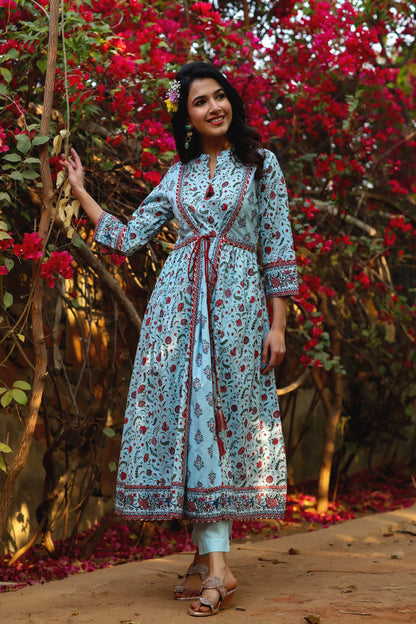 Blue Cambric Printed Flared Kurta