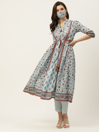 Blue Cambric Printed Flared Kurta