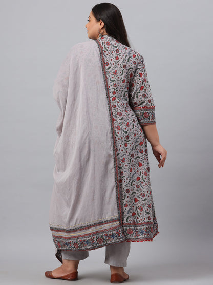Grey Cambric Fusion Wear Printed A-Line Kurta Sets