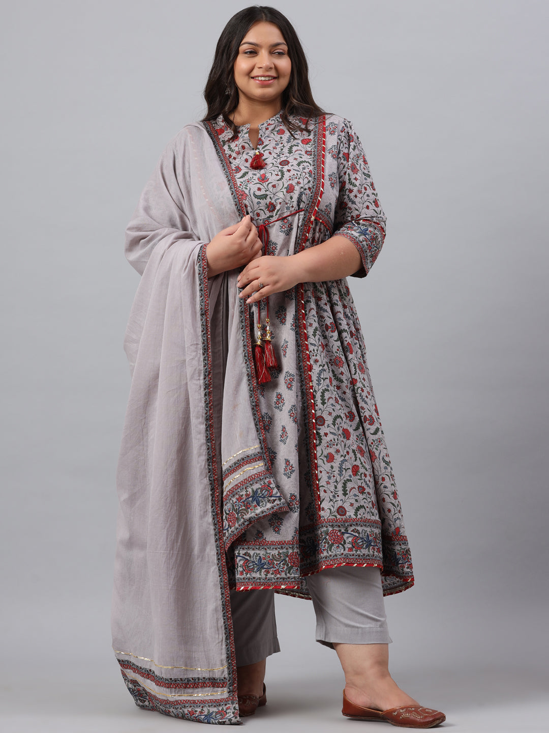 Grey Cambric Fusion Wear Printed A-Line Kurta Sets