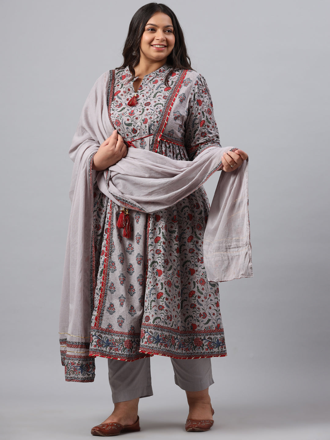 Grey Cambric Fusion Wear Printed A-Line Kurta Sets