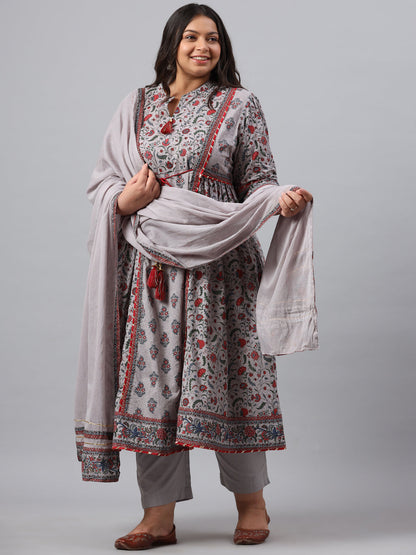 Grey Cambric Fusion Wear Printed A-Line Kurta Sets