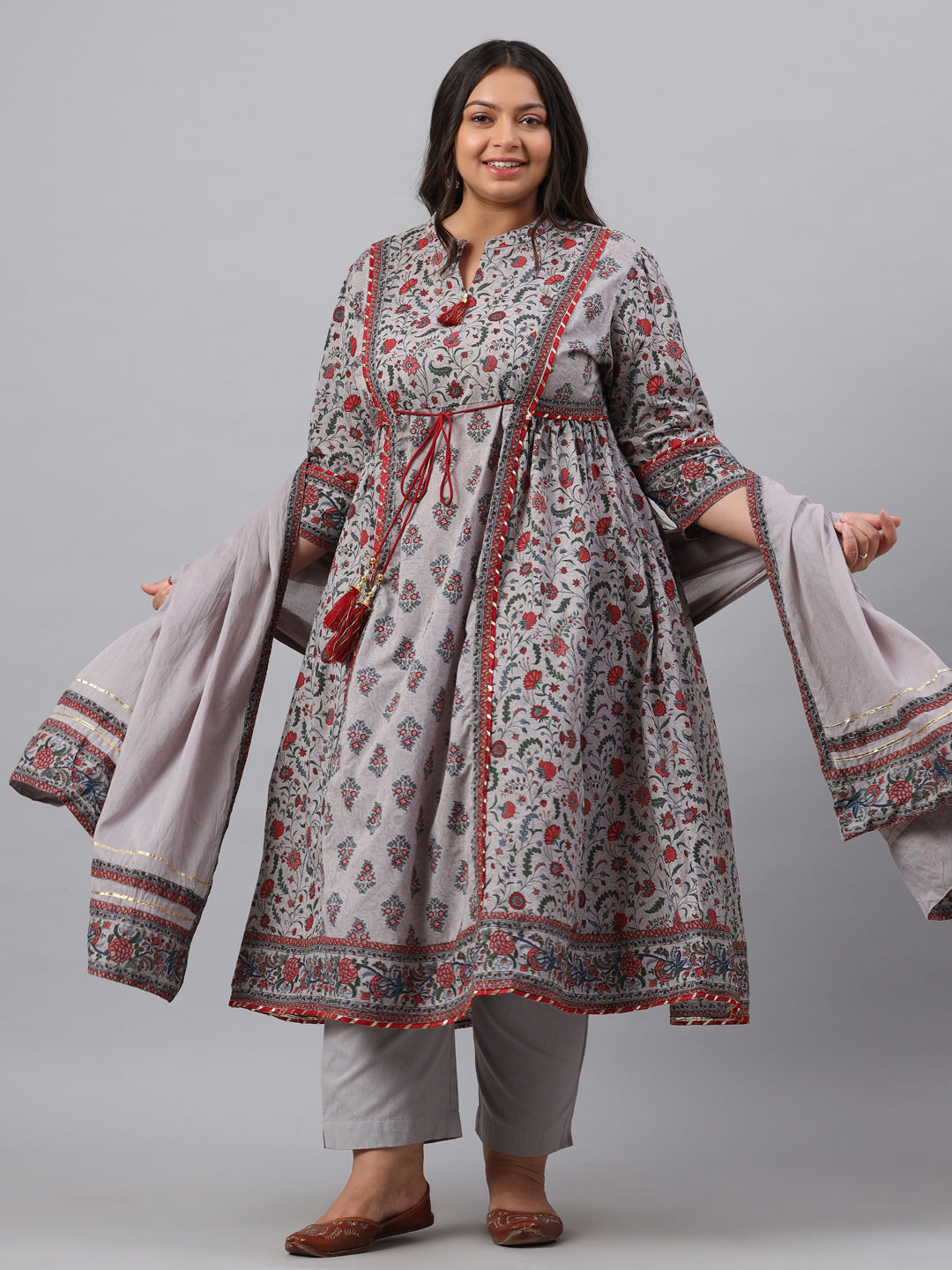 Grey Cambric Fusion Wear Printed A-Line Kurta Sets