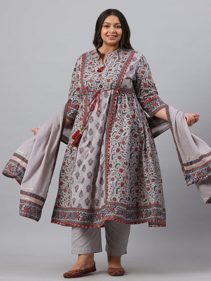 Grey Cambric Fusion Wear Printed A-Line Kurta Sets