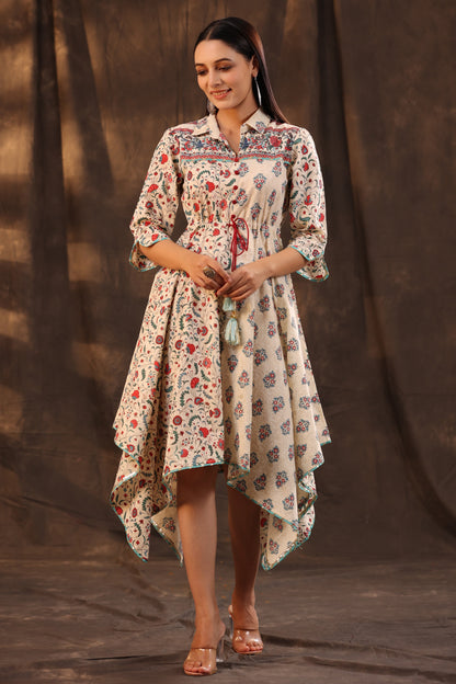Beige Cambric Printed Asymmetric Dress