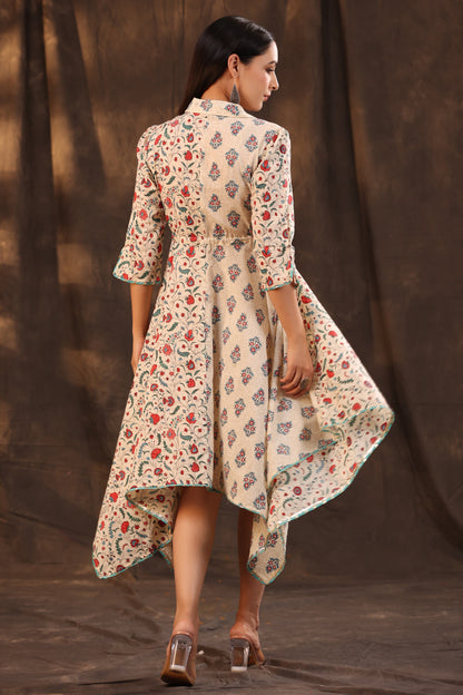 Beige Cambric Printed Asymmetric Dress