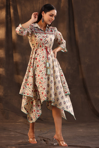 Beige Cambric Printed Asymmetric Dress
