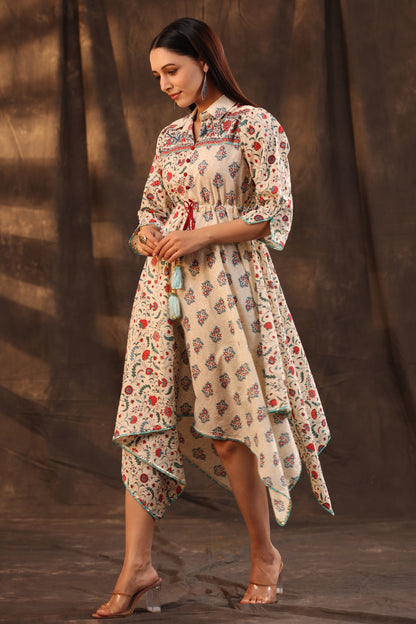 Beige Cambric Printed Asymmetric Dress