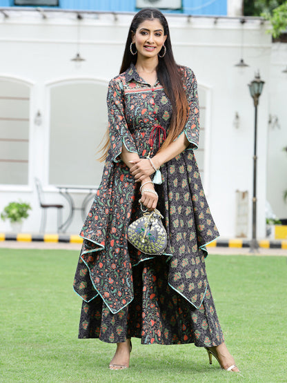 Black Cambric Printed Asymmetric Clothing Set