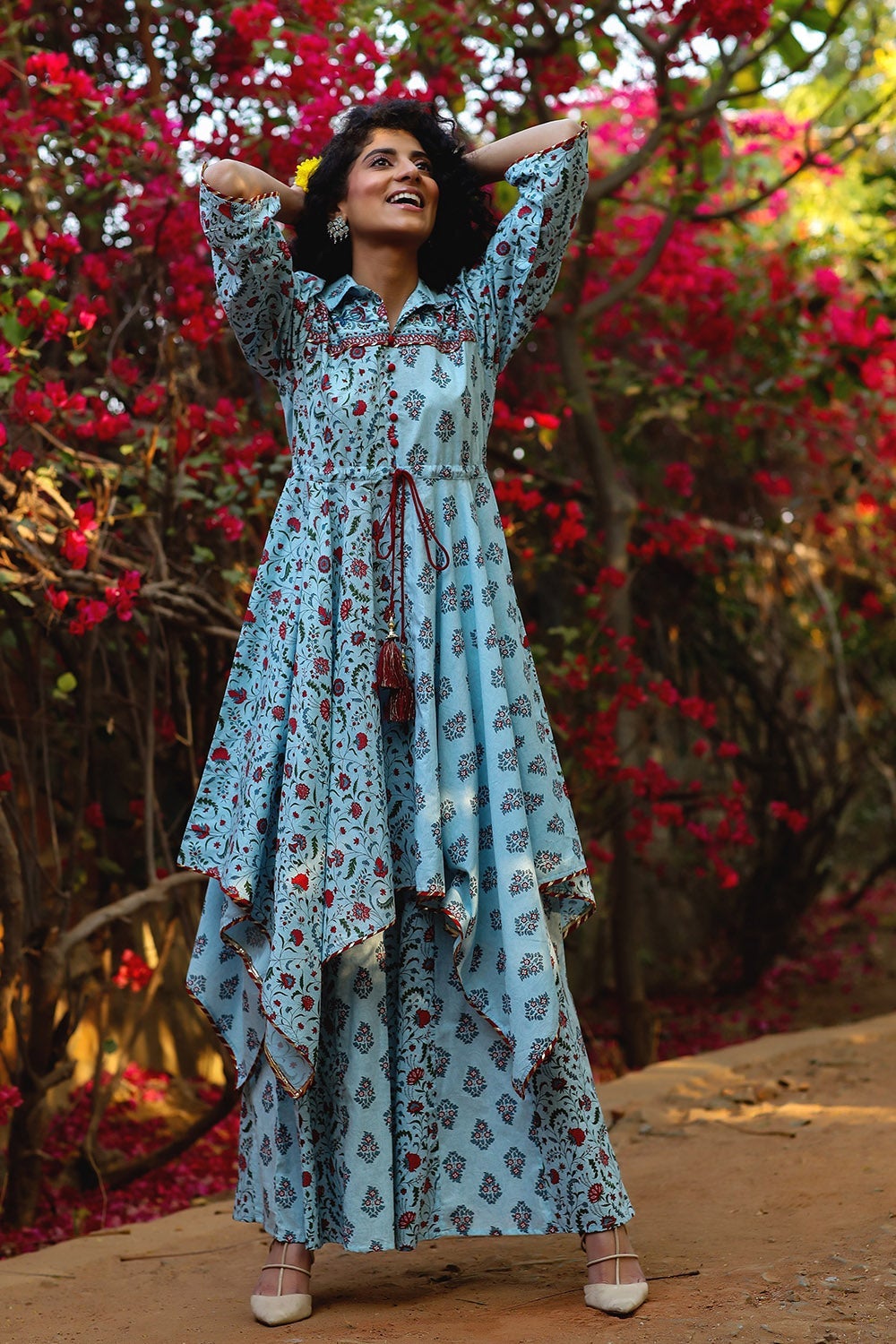 Blue Cambric Printed Asymmetric Clothing Set