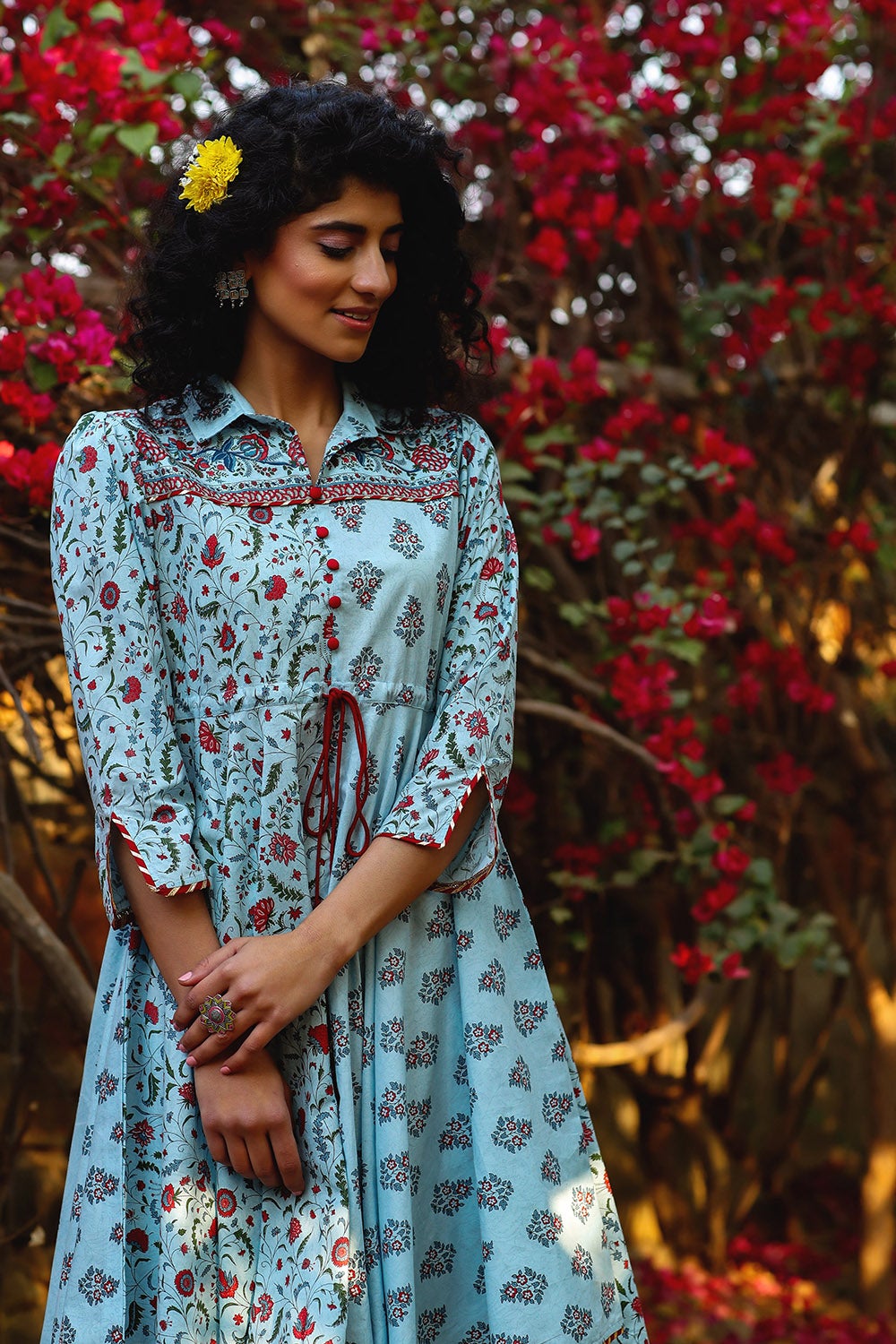 Blue Cambric Printed Asymmetric Clothing Set